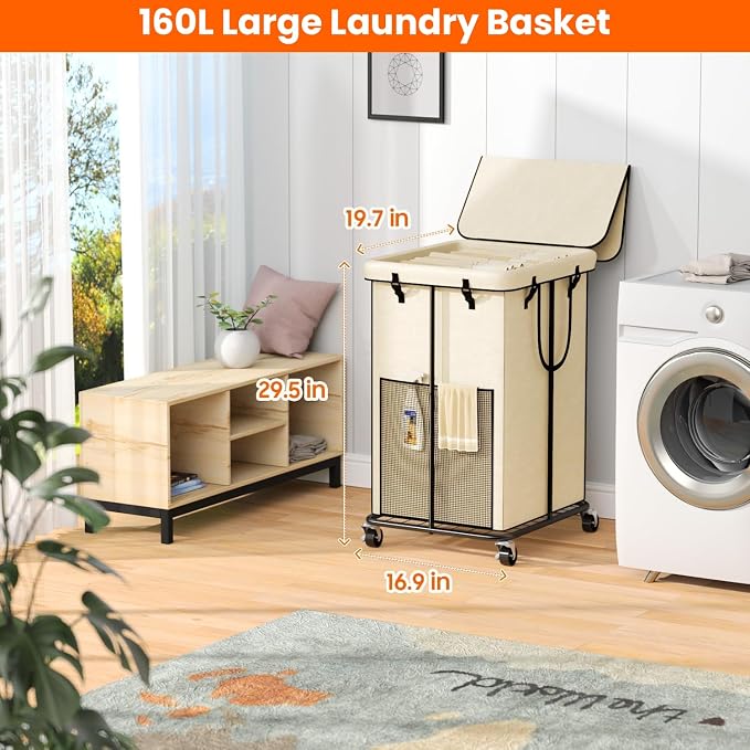 160L Laundry Hamper with Lid, Rolling Laundry Basket with Wheels, Large & Tall Dirty Clothes Hamper with Metal Frame and Removable Bag for Bedroom Aesthetic, Laundry Room, Bathroom, Dorm-White - Image 2
