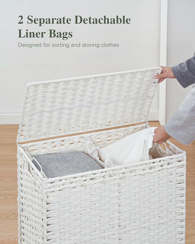SETVSON Laundry Hamper with Lid,112 L Handwoven Rattan Wicker Laundry Basket, 2 Removable Liner Bags Metal Heightened Feet,6 Mesh Bags,2 Section Large Clothes Hamper for Bathroom Bedroom, Cloud White - Image 5