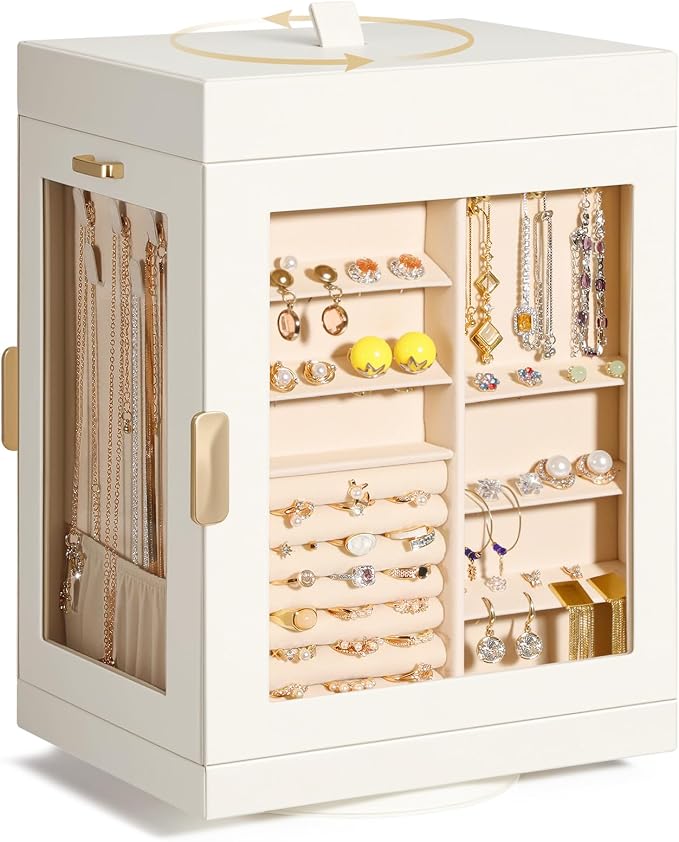 TidyStash 360° Rotating Jewelry Organizers and Storage, Large Jewelry Boxes for Women Necklace, Ring Earring Storage, Vertical Accessory Organizers and Storage, Cream White - Image 8