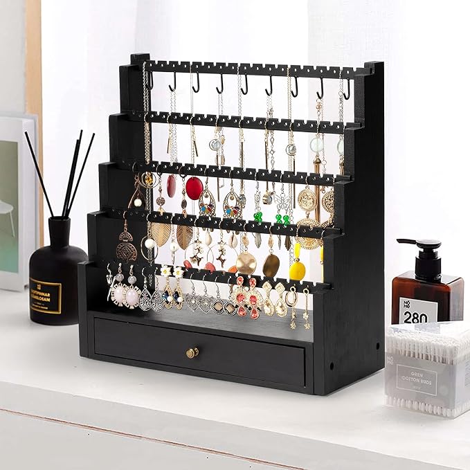 Pinzoveco Earring Organizer, 5 Layer Earring Holder Organizer with Metal Necklace Holder Pole, Rustic Wood Jewelry Organizer Stand Display for Stud Earring Bracelet Necklace Ring, 175 Earring Holes - Image 2