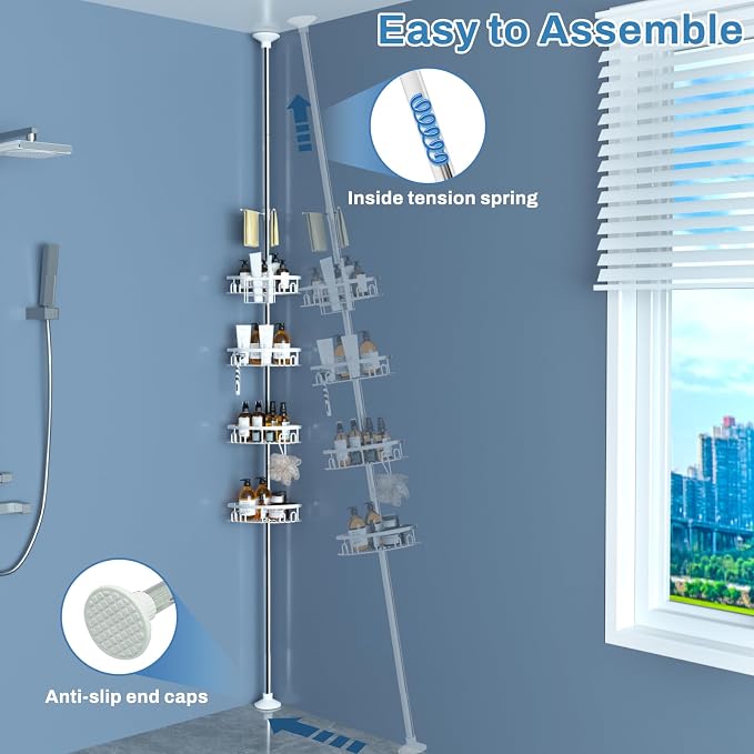 Rustproof Shower Corner Caddy Shelf for Bathroom Tension Pole Organizer with 4 Baskets for Bathtub Shampoo Storage from 23.6 to 114.5 Inch with Towel Bar (Silver) - Image 7