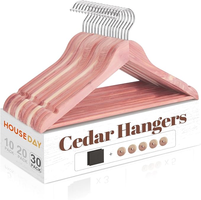 HOUSE DAY Cedar Hangers for Closet 30 Pack, Smooth Cedar Wood Hangers with Rings, 360° Swivel Hook, U-Shape Notched, Non Slip Pant Bar, Sturdy Wooden Clothes Hanger for Coats, Dresses, Suits by HOUSEDAY