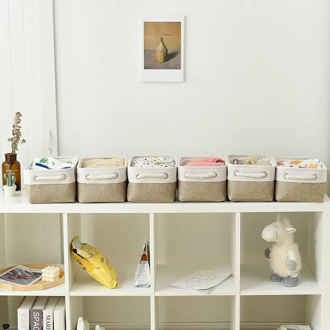 TheWarmHome Storage Basket for Shelves - 12x8x5.2 inch Small 6 Pack Collapsible Storage Bin for Closet with Handles, Fabric Storage Cubes for Cloth Organizer Gift Toy Decorative (White & Khaki) - Image 4