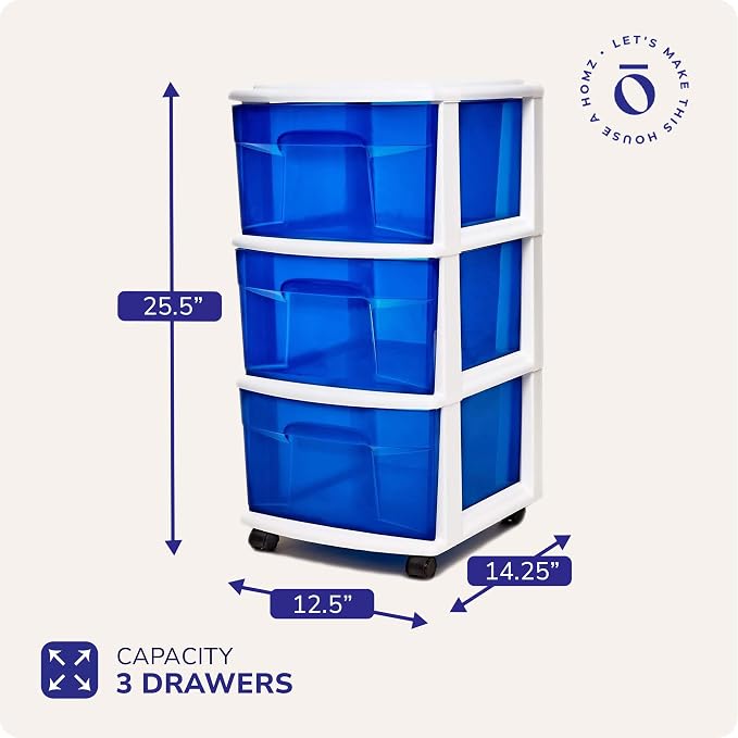 HOMZ Drawer Tower, 3-Tier Clear Blue Plastic Storage Organizer Cart, White Frame - Rolling Drawer Containers with Wheels for Bathroom, Bedroom, Office, and Classroom Organization - Image 2
