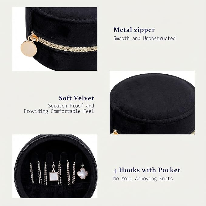 CONBOLA Travel Jewelry Case Small Jewelry Box for Women Girls,Round Velvet Mini Jewelry Travel Organizer,Portable Jewelry Box for Rings Earrings Necklaces Bracelets.(Black,Small) - Image 3