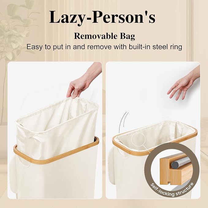 Foluck Slim Laundry Hamper, 60L Waterproof Narrow Laundry Basket with Lid and Removable Bag, Collapsible Tall Clothes Hamper with Bamboo Handles for Clothes Toys in Dorm Bedroom Bathroom, Beige - Image 3