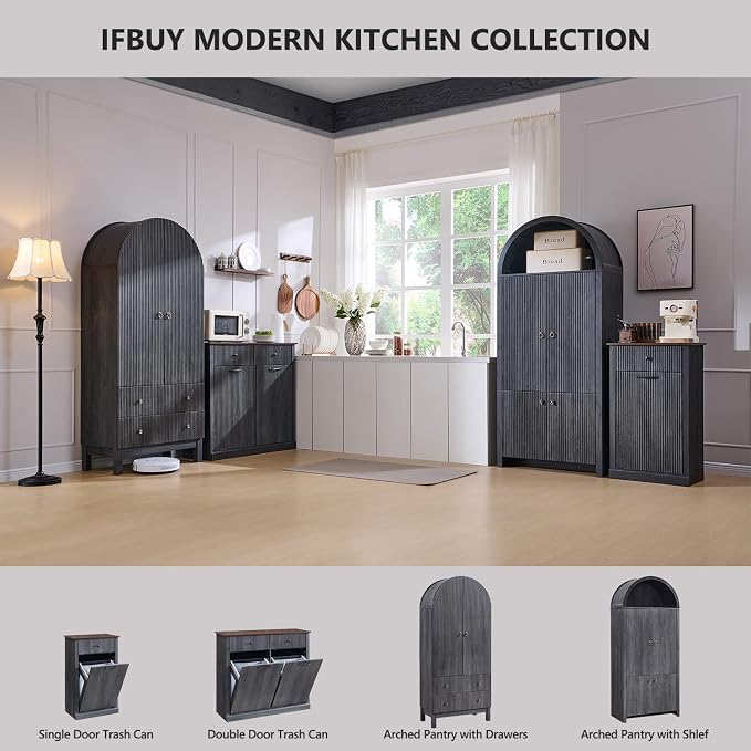 IFBUY Modern Double Tilt-Out Laundry Hamper Cabinet, 20 Gallon Fluted Trash Can Cabinet w/2 Drawers, Wooden Hidden Garbage Can Cabinets w/Laundry Basket, Free Standing for Bathroom and Kitchen, Grey - Image 7