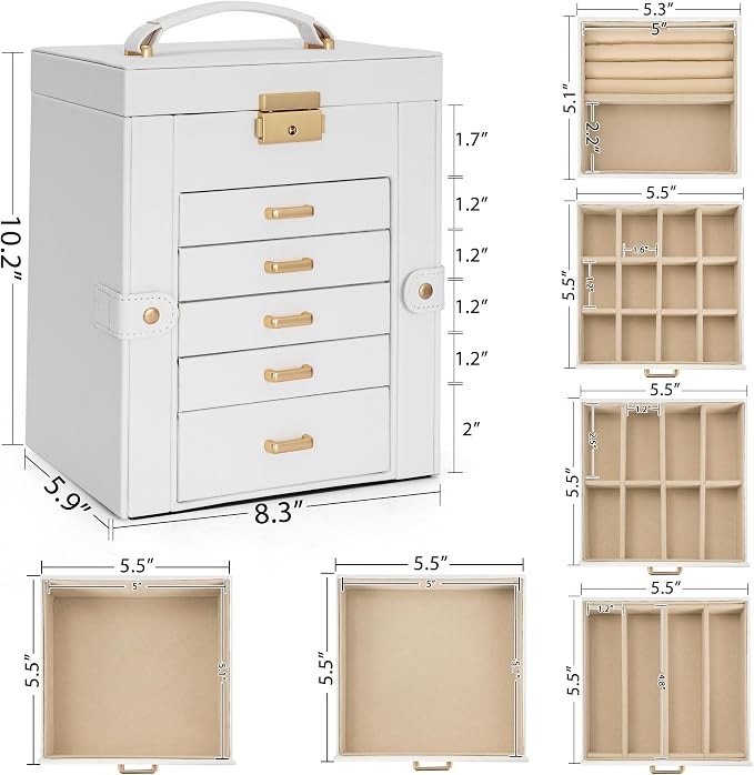 AKOZLIN 6-Tier Jewelry Box Lockable Leather Jewelry Storage Case with 5 Drawers for Women Girls Ring Necklace Earring Bracelet Holder Organizer with Mirror - Image 2