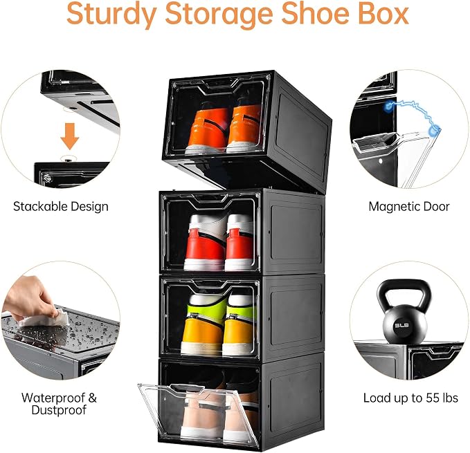 12 Pack Shoe Boxes Organizer, Magnetic Door Shoe Storage Boxes, Clear Sneaker Storage Box for Women/Men, Fit up to US Size 12 - Image 2
