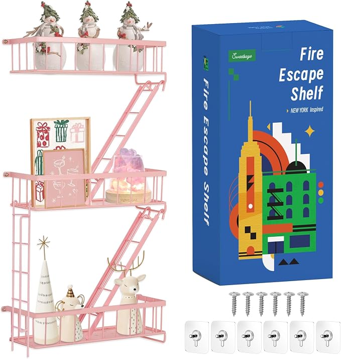 SweetSage Fire Escape Shelf - Pink Wall Decor Floating Shelves, Cute Metal Ladder Shelving for Bedroom, Home Decor Display (3-Tier) by HOME