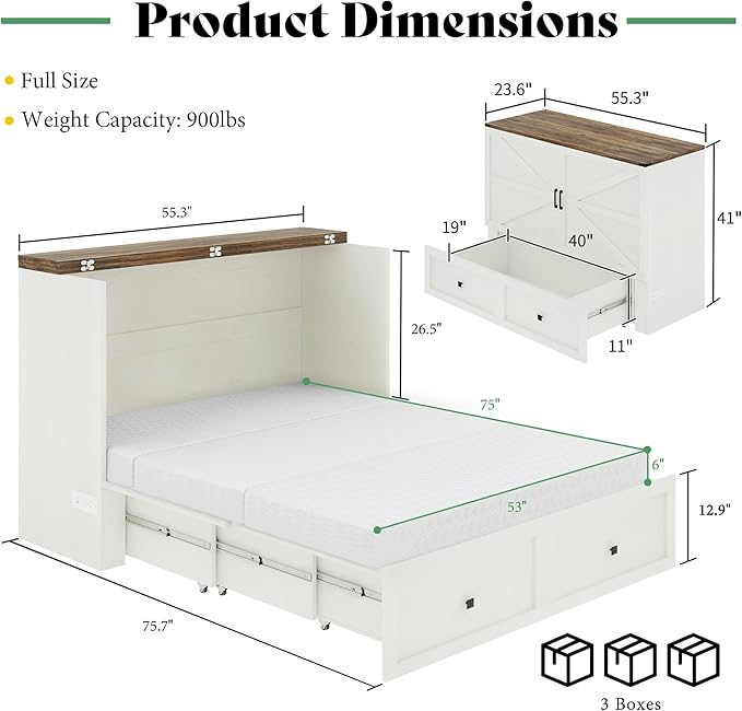 LUXOAK Full Murphy Bed with 6" Tri-Fold Memory Foam Mattress, Storage Drawer & Charging Station, Space-Saving Design for Home Office or Guest Room, White