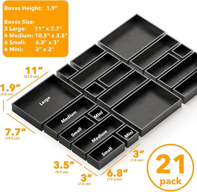 SpaceAid 21-Piece Bamboo Drawer Organizer Storage Boxes Set, Wood Tray Junk Drawer Organizers Multi-Use Divider Bins for Kitchen, Bathroom, Office Desk and Makeup Organization (21 Pack, Black) - Image 3