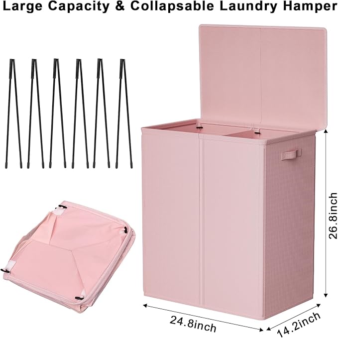 WOWLIVE 154L Double Laundry Hamper with Lid and Removable Laundry Bags, Large Dirty Clothes Hamper 2 section Collapsible Laundry Basket Dorm Room Storage for Bedroom, Bathroom, College,Pink - Image 5