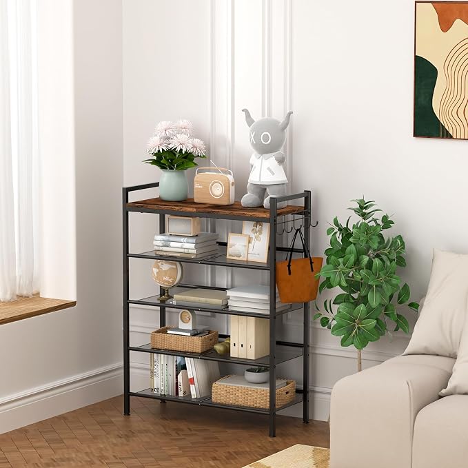 Refrze Shoe Rack for Front Door Entrance, 5 Tier Height-Adjustable Metal Shoe Rack, Sturdy Wooden Top and Tiltable Steel Frame Heavy Duty Shoe Organizer for Bathroom,Bedroom,Kitchen，Include Hook - Image 7