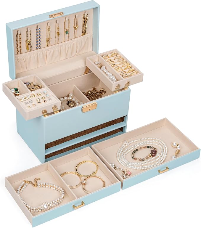 AKOZLIN Travel Jewelry Box Organizer Functional 2-trays Leather Jewelry Storage Case with Lockable Portable 2 Drawers for Women Girls Ring Necklace Earring Bracelet - Image 7