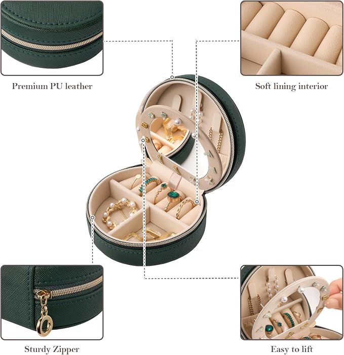 ProCase Travel Size Jewelry Box, Mini Portable Seashell-Shaped Jewelry Case with Mirror, 2 Layer Organizer in PU Leather for Women -Emerald - Image 5