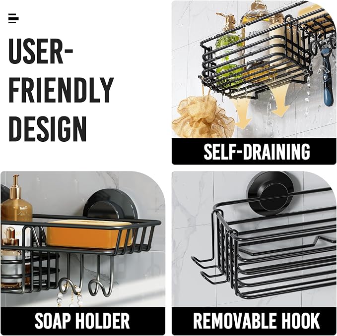 LEVERLOC Shower Caddy Suction Cup, Suction Caddy with Hooks and Soap Holder for Bathroom, No-Drilling Bathroom Shower Organizer, Black - Image 4