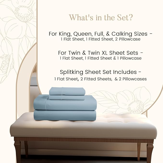 100% Egyptian Cotton Sheets For King Size Bed, 800 Thread Count Sateen Weave, 15" Deep Pocket King Sheet Set, Sheet & Pillowcase Sets, No Pill, Soft & Comfy Naturally Cool & Breathable - French Blue