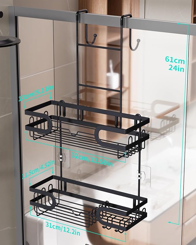 HapiRm Hanging Shower Caddy Over the Door with 14 Hooks and Soap Holder, No Drilling Adhesive Shower Storage, Rustproof & Waterproof Stainless Steel Bathroom Shelves - Black - Image 6