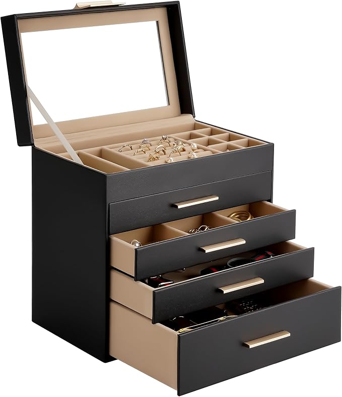 Somduy Jewelry Box, 5 Layers Jewelry Storage Display Box with Glass Lid for Women, 4 Drawers,Large Capacity for Necklace Earrings Bracelets Rings, Black - Image 8