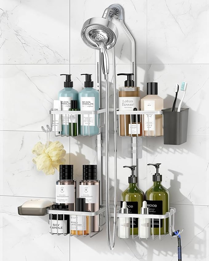 Adjustable Shower Caddy Hanging for Handheld Showerheads - Never Rust Shower Hanging Organizer, Upgraded Bathroom Shower Rack with Soap Basket, Hooks and Toothbrush Holder (Silver) by MSAICOE