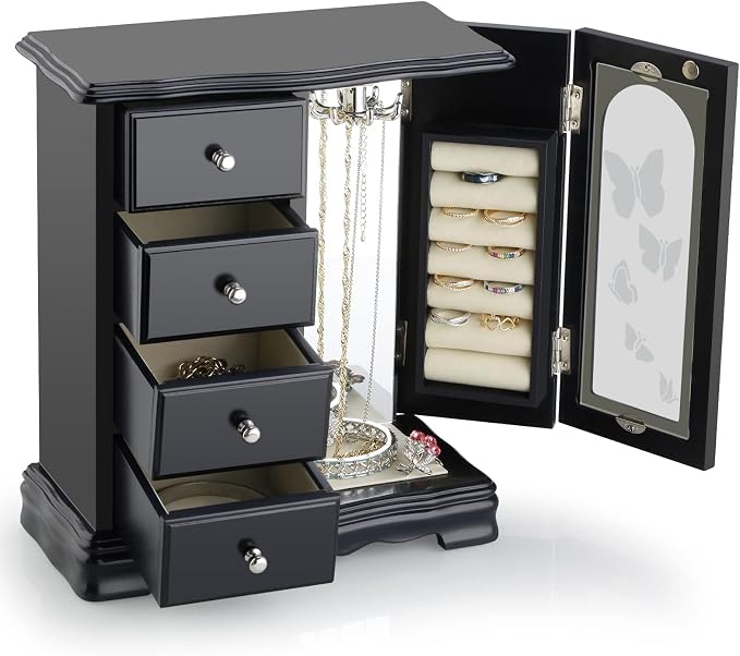 RR ROUND RICH DESIGN Jewelry Box - Made of Solid Wood with 4 Drawers Organizer and Built-in Necklace Carousel and Large Mirror Black - Image 3