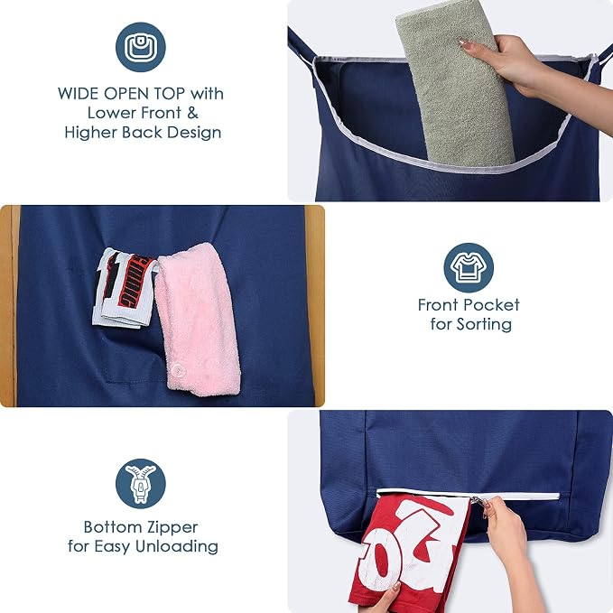 Fine Living Co. Large Hanging Laundry Hamper with Over Door Hooks & Adhesive, Durable Space Saving Laundry Bag with Zipper and Wide Open Top, Hanging Dorm Laundry Hamper (Navy Blue-XL) - Image 8