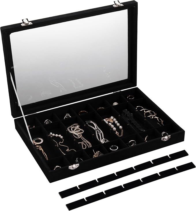 Frebeauty Velvet Jewelry Tray,35 Grid Jewelry Organizer with Clear Lid,Earring Holder Organizer Case with Clasp,Drawer Insert for Rings Studs,13.8 x 9.5 x 2 Inches,Gift for Women Girls(Black) - Image 5
