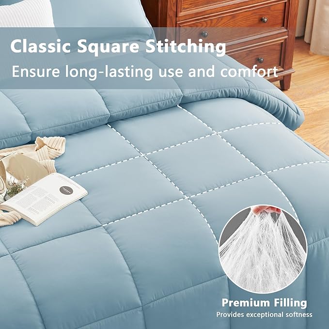CozyLux Full Size Comforter Sets - Light Blue Comforter Full Size, 3 Pieces Box Stitched Bed Set for All Seasons, Soft Lightweight Bedding Sets with 1 Down Alternative Comforter and 2 Pillow Shams