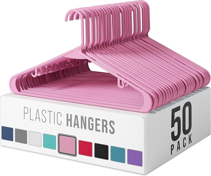 Plastic Hangers 50 Pack Pink - Clothes Hangers - Makes The Perfect Coat Hanger and General Space Saving Hangers for Closet and New Apartment Essentials - Percheros Ganchos para Colgar Ropa Hangars by Neaterize