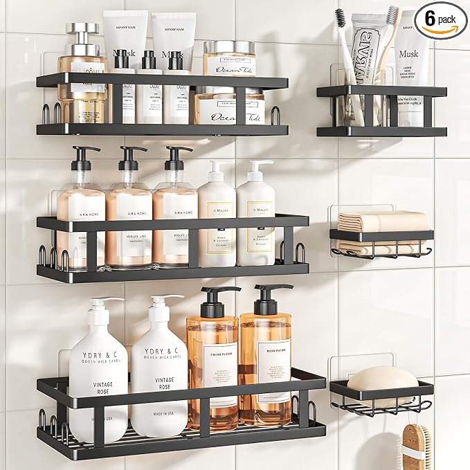Youvip Shower Caddy 6 Pack, Adhesive Shower Shelves with Soap Holder, No Drilling Rustproof Large Capacity Bathroom Organizers and Storage, Black by YOUVIP