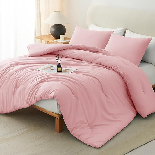 CozyLux Full Size Comforter Set Pink, 3 Pieces Solid Breathable Quilted Bedding Sets, Luxury Lightweight Soft Bed Set with Down Alternative Comforter and 2 Pillowcases for All Seasons
