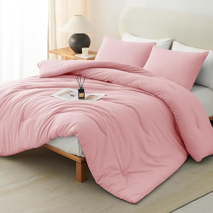 CozyLux Queen Comforter Set Pink, 3 Pieces Solid Comforters Queen Size Breathable Quilted Bedding Sets, Luxury Soft Lightweight Bed Set with Down Alternative Comforter and 2 Pillowcases All Seasons