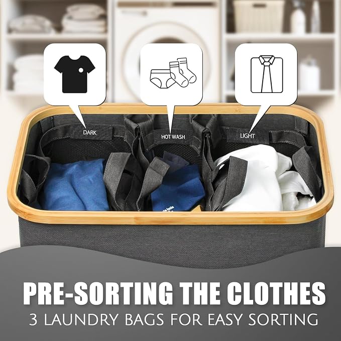Laundry Hamper with Lid, 145L Extra Large Hamper 3 Section Dirty Clothes Hampers for Divided Basket Organizer for Bedroom, Laundry Room, Grey - Image 4