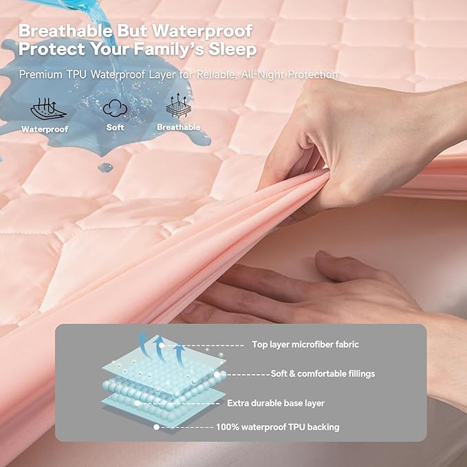 Queen Mattress Protector Waterproof, 18” Deep Pocket Fitted Sheet Queen+2pcs Pillow Cases - Leakproof, Oeko-TEX Certified, Breathable & Noiseless,Machine Washable (Pink)