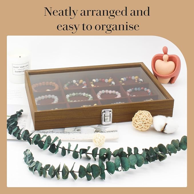 KOOAAICCHI Jewelry Organizer Tray 12 Grid Velvet Jewelry Storage Box with Clear Lid Jewelry Display Case with Lock Bracelet Earring Ring Organizer Showcase Gifts for Girls Women-12 Grid Wooden Brown - Image 2