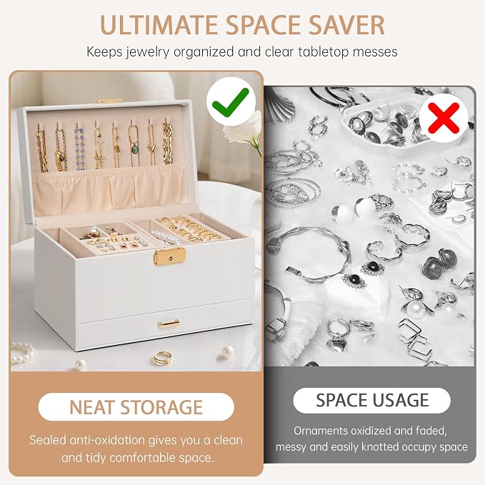 AKOZLIN Travel Jewelry Box Organizer Functional 2-trays Leather Jewelry Storage Case with Lockable Portable Drawer for Women Girls Ring Necklace Earring Bracelet - Image 8