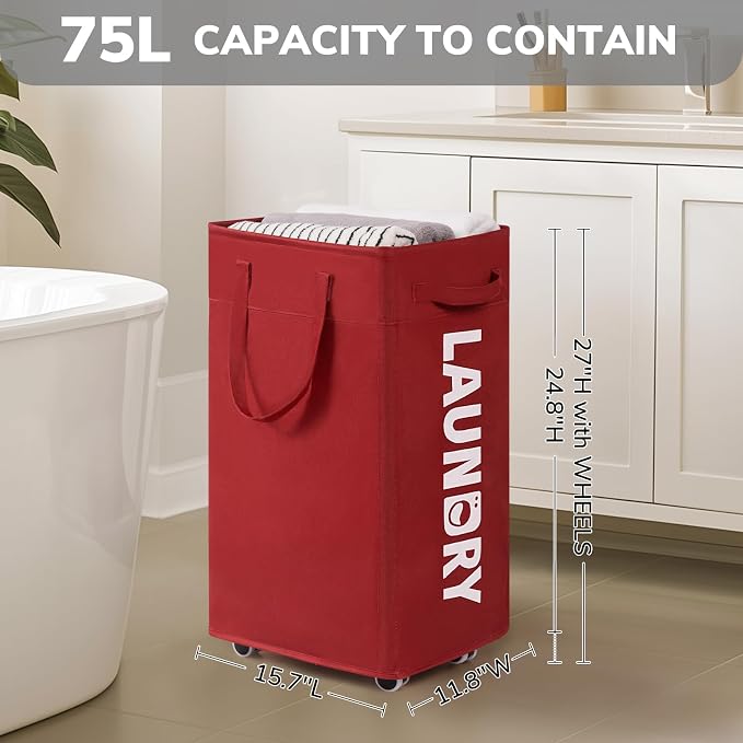 Goodpick Laundry Basket with Wheels,75L Large Roolling Laundry Basket with Removable Wash Bag, Clothes Hamper with Wheels for Laundry Room, Red - Image 3