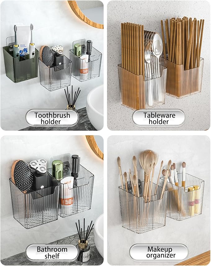 Set Of 2 Storage Organizer Bins Wall Mounted Shower Caddy, Bathroom shelves Stackable Clear Plastic Toothbrush Holder Adhesive Hanging Bin for Bathroom, Kitchen, Cabinet, Shower BPA Free Small (Clear) - Image 6