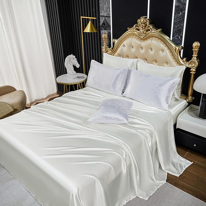 Jacquard Comforter Set White Sheet Set Satin Bedding Set Queen 8 Pcs Vintage Neoclassical Floral Bed Home Decor Soft Comforter Luxury Hotel Silky Bed in a Bag with 1 Cushion Cover