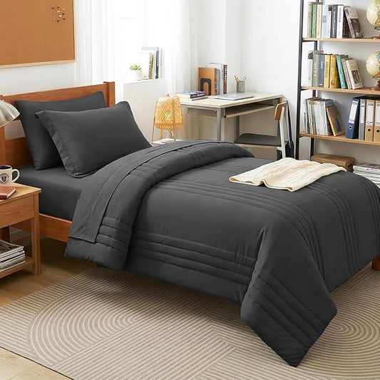 CozyLux Twin Comforter Set - 5 Pieces Bed in a Bag Dark Grey Comforter Set with Sheets Luxury Bed Set All Seasons, Soft Bedding Set with Down Alternative Comforter, Sheets, Pillowcases