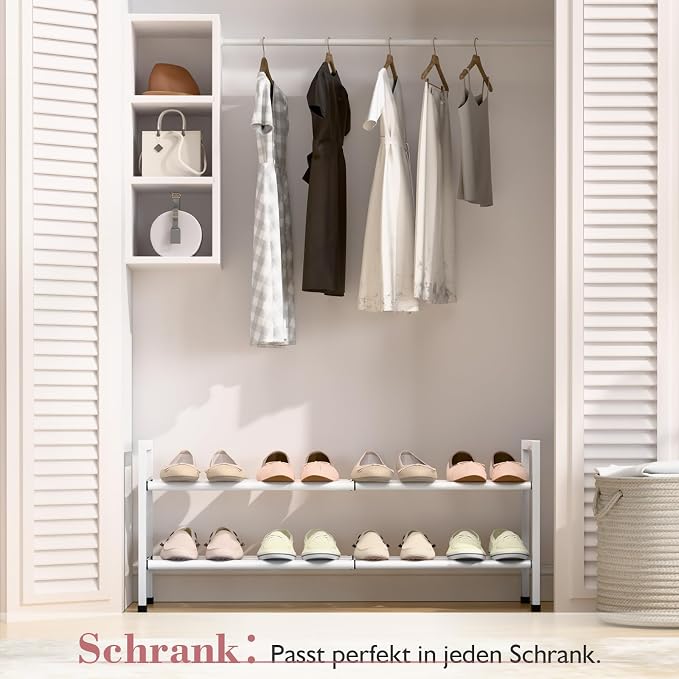 Bumusty 2-Tier Expandable Shoe Rack for Closet, 18“-33” Adjustable Shoe Rack for Small Space, Small Shoe Organizer for Front Door, Sturdy Metal, White - Image 2