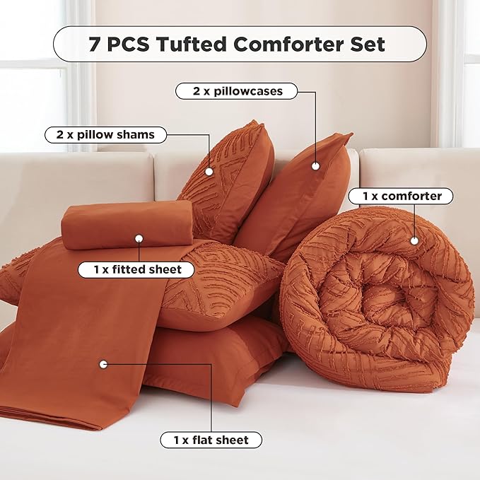 Andency Queen Comforter Set Burnt Orange - 7 Pieces Bed in a Bag Queen Boho Terracotta Bedding Comforter Sets, Rust Tufted Bed Set with Comforter, Sheets, Pillowcases & Shams