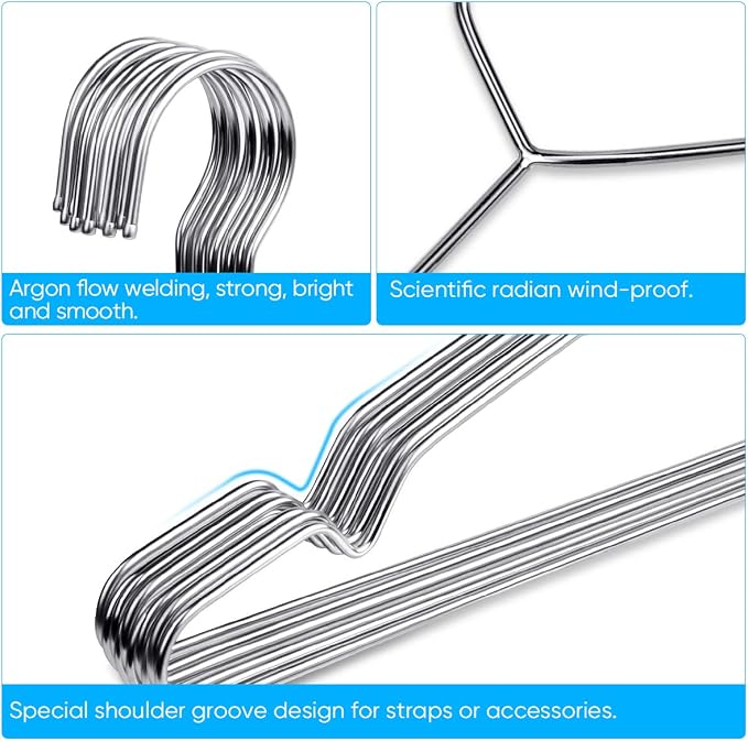 Fayleeko 10 Pack Wire Coat Hangers - Strong, Heavy Duty Stainless Steel Metal Hangers, 16.5 Inch Ultra Thin, Space Saving - Image 3