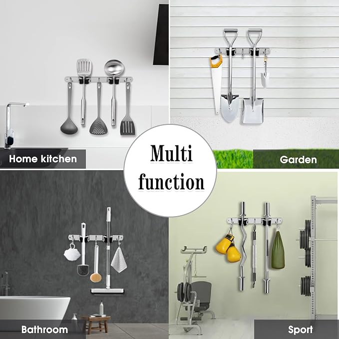 2 Racks and 3 Hooks Broom and Mop Holder Wall Mounted Garage Organizer Storage Tool Racks Stainless Steel Heavy Duty Hooks Self Adhesive Solid Non-slip Wall Hangers for Home Kitchen Garden Laundry - Image 6