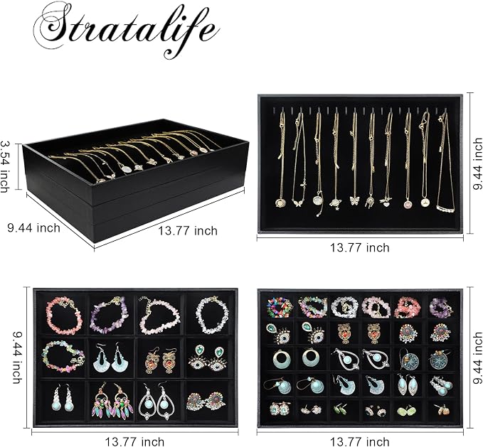 Stratalife Jewelry Trays Jewelry Organizer Earring Storage Drawer Jewelry Organizer Tray Drawer Insert Jewelry Storage with Removable Dividers For Women Set Of 3 Black - Image 6