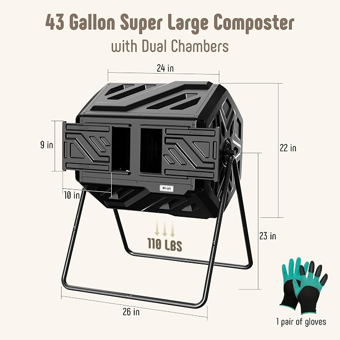 Werph 43 Gallon Compost Bin with Gloves, Fast Assembly & Easy Setup Outdoor Compost Tumbler, Updated Dual Chamber Tumbling Composter for Garden, Kitchen, and Yard Waste, Black - Image 3