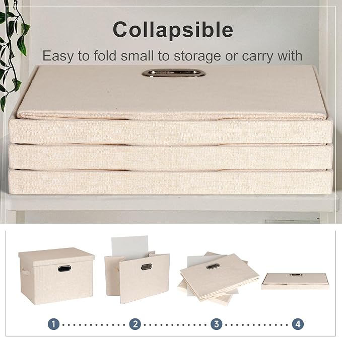 Graciadeco Large 17" 36 Quart Collapsible Stackable Storage Bins with Lids, 3 Packs Light Orange Linen Fabric Closet Boxes with Lids, Storage Cube Baskets Container Organizers for Office (17x12x11) - Image 4