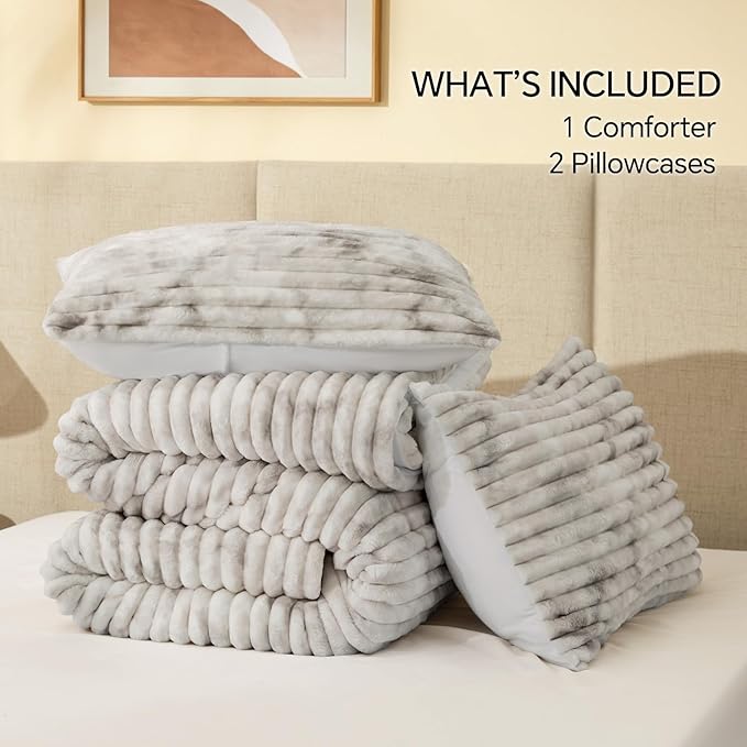 BEDELITE Fleece Full Comforter Set -Super Soft & Warm Fluffy Grey&White Bedding, Luxury Fuzzy Heavy Bed Set for Winter with 2 Pillow Cases