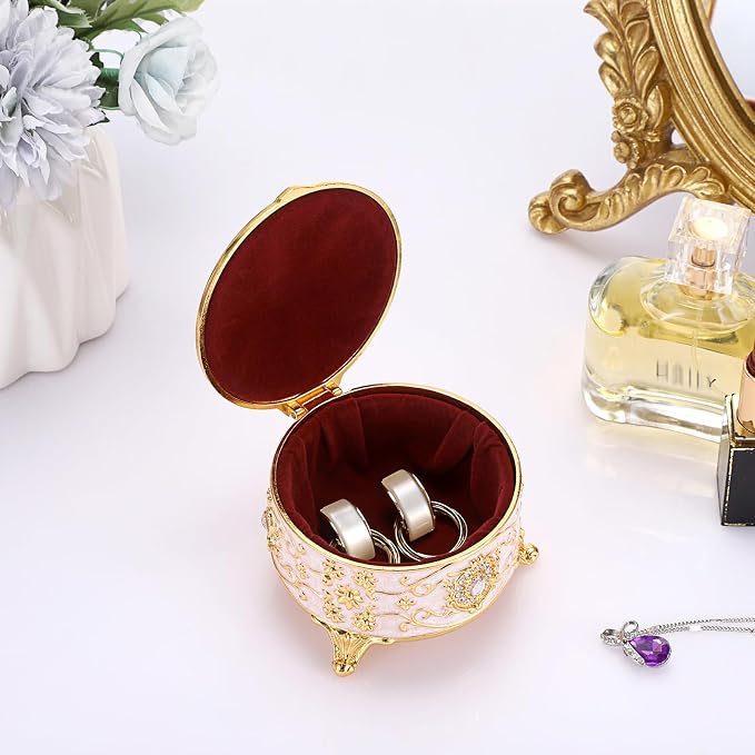 Hipiwe Metal Jewelry Box Small Treasure Chest Box Vintage Round Trinket Organizer Ring Holder Enameled Jewelry Box for Earrings Necklace Holder Gift for Birthday Christmas,Home Decor,Beige - Image 6